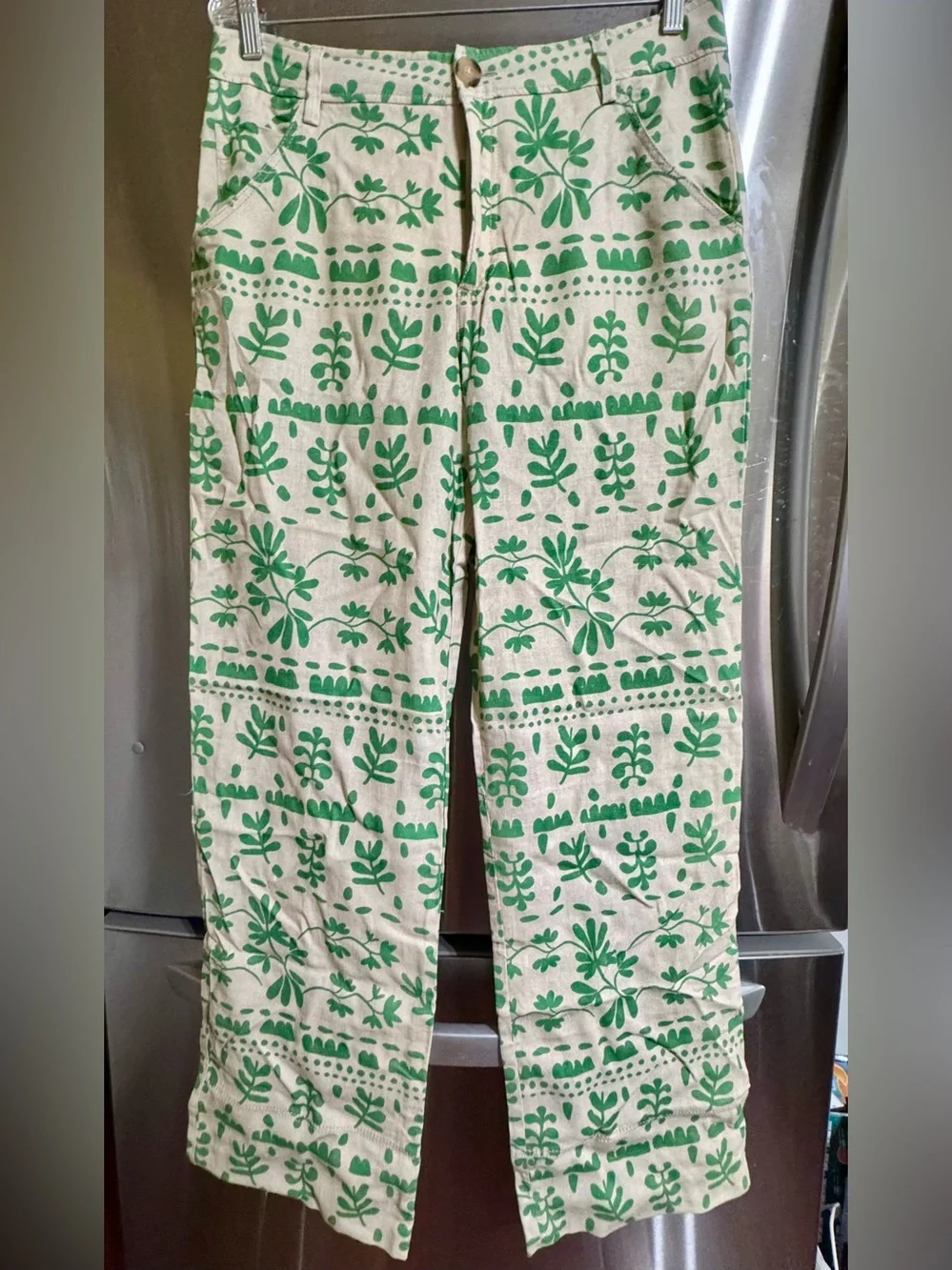 Zara Folk Inspired Linen Blend Trousers – Green Botanical Print, Sand